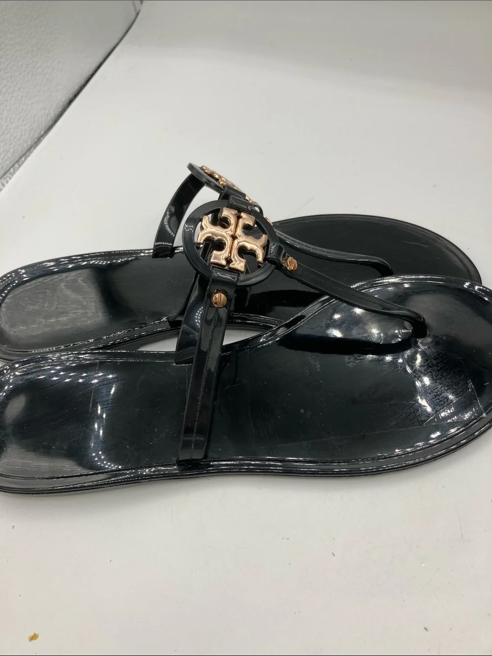 Tory Burch Black Patent Jelly Thong Sandals with Gold Logo